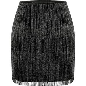MANER Women’s Fringe Skirt Stretchy Sparkly Bodycon Tassel Trim Mini Skirt (X-Large, Sparkly Black)