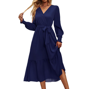 PRETTYGARDEN Women's Floral Boho Dress Fall Long Sleeve Wrap V Neck Ruffle Flowy Maxi Spring Wedding Guest Vacation Dresses, XXL