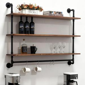 Industrial Pipe Shelving Pine Shelf,Pipe Shelves with Wood Planks,Wall Mounted Bookshelf,Floating Bar Shelves(3 Tier 42In)