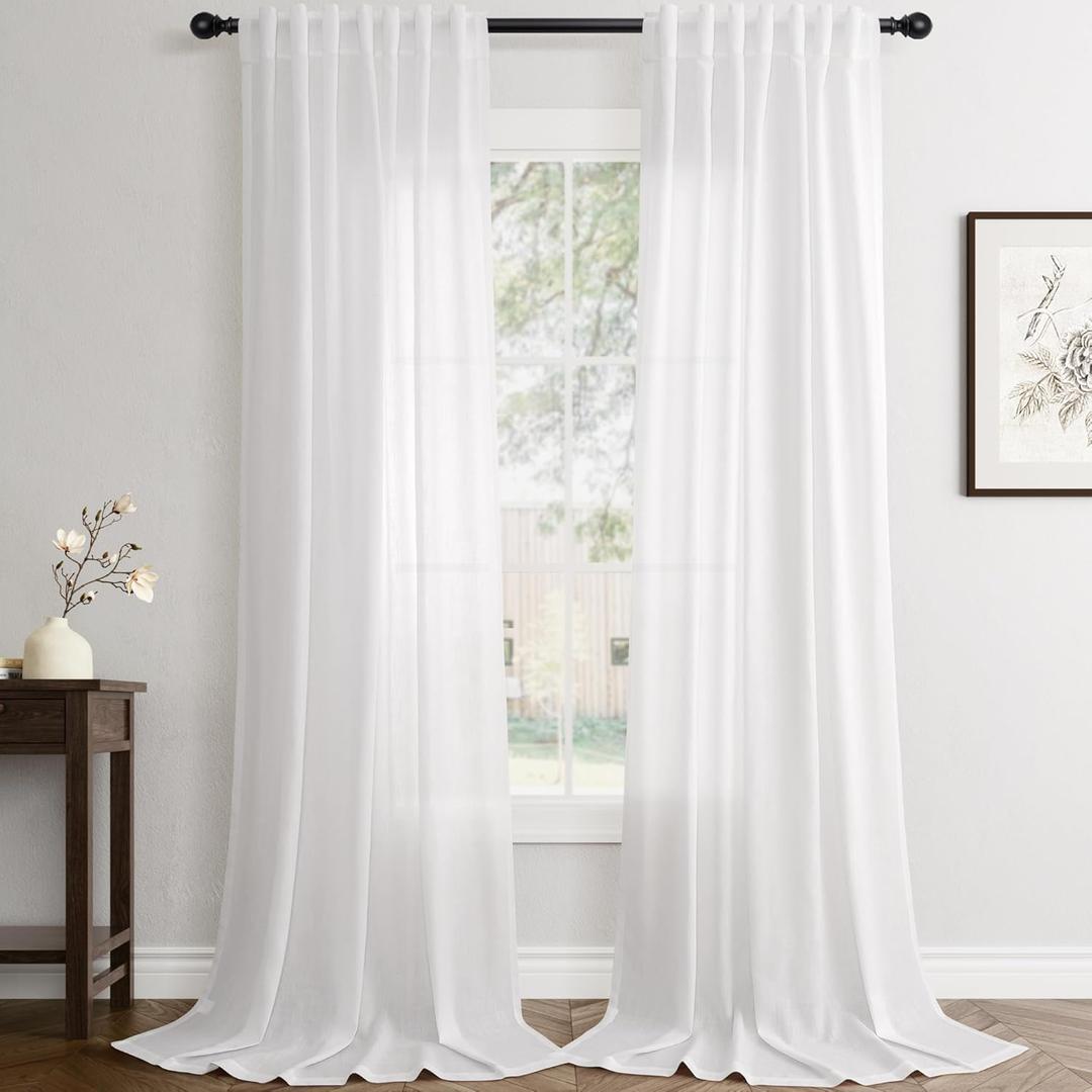White Linen Curtains 90 inch Length for Bedroom Loop Pocket Privacy Light Filtering Semi Sheer Boho Farmhouse Off White Curtain 90 inch Long Cotton Textured Modern Elegant Living Room Drapes