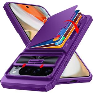 CENMASO for Google Pixel 9 Pro XL Case with Card Holder (4 Cards) Sliding Camera Cover & KickstandRFID Blocking Military Drop Protection & TPU Edge Wallet Case for Pixel 9 Pro XL-Purple