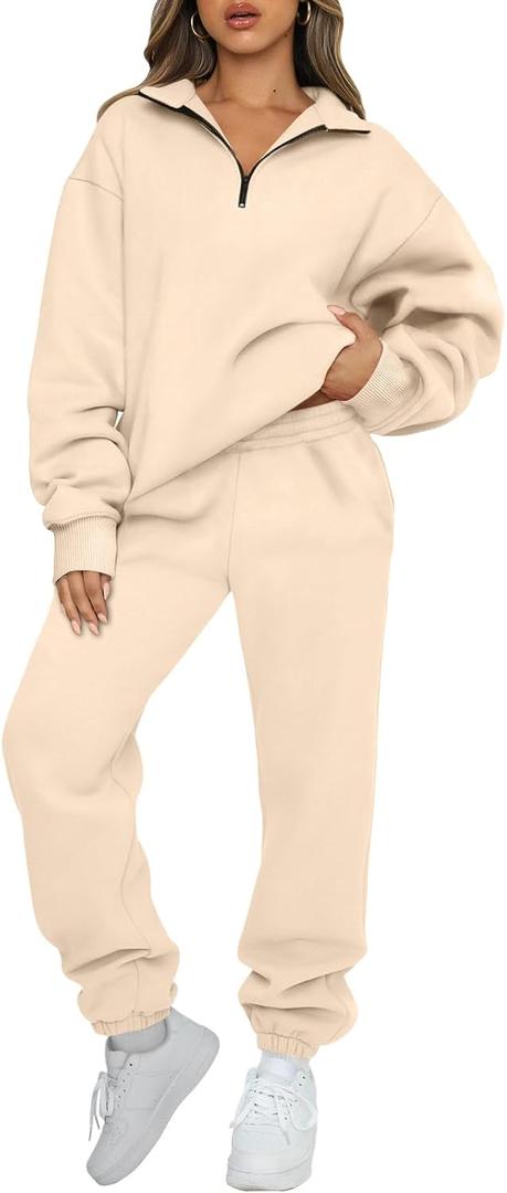 AUTOMET Women's Sweatsuits 2 Piece Outfits Lounge Sets Long Sleeve Half Zip Pullover and Baggy Sweatpants with Pockets (Large, Apricot)