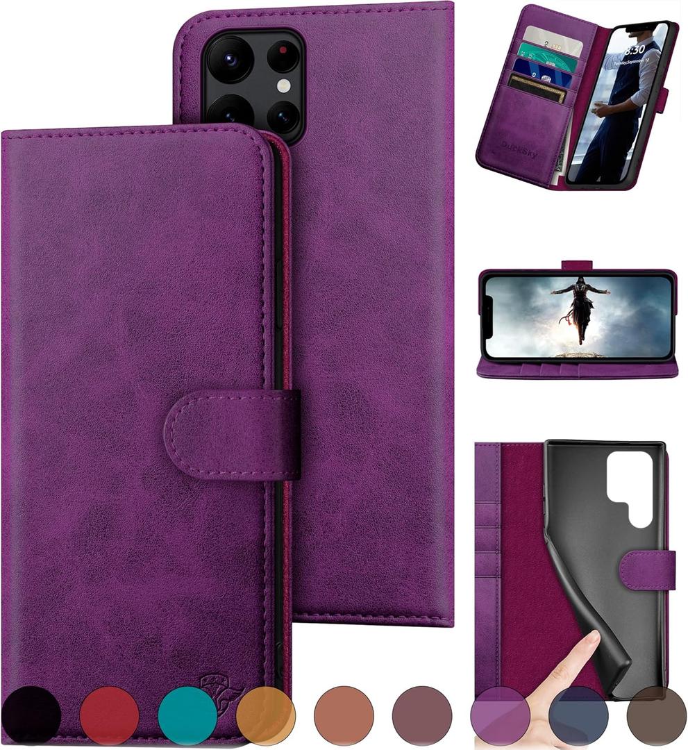 DuckSky for Samsung Galaxy S22 Ultra Genuine Leather Wallet case RFID Blocking 4 Credit Card Holder Real Leather Flip Folio Book Phone case Protective Cover Women Men for S22 Ultra case, Purple