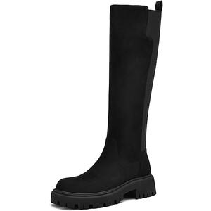 TEAIEU Knee High Boots for Women, Platform Chunky Block Low Heel Tall Boots, Round Toe Side Zipper Fall Long Boots for Dress, Stretch Calf, Comfortable, Black Suede, Size 7