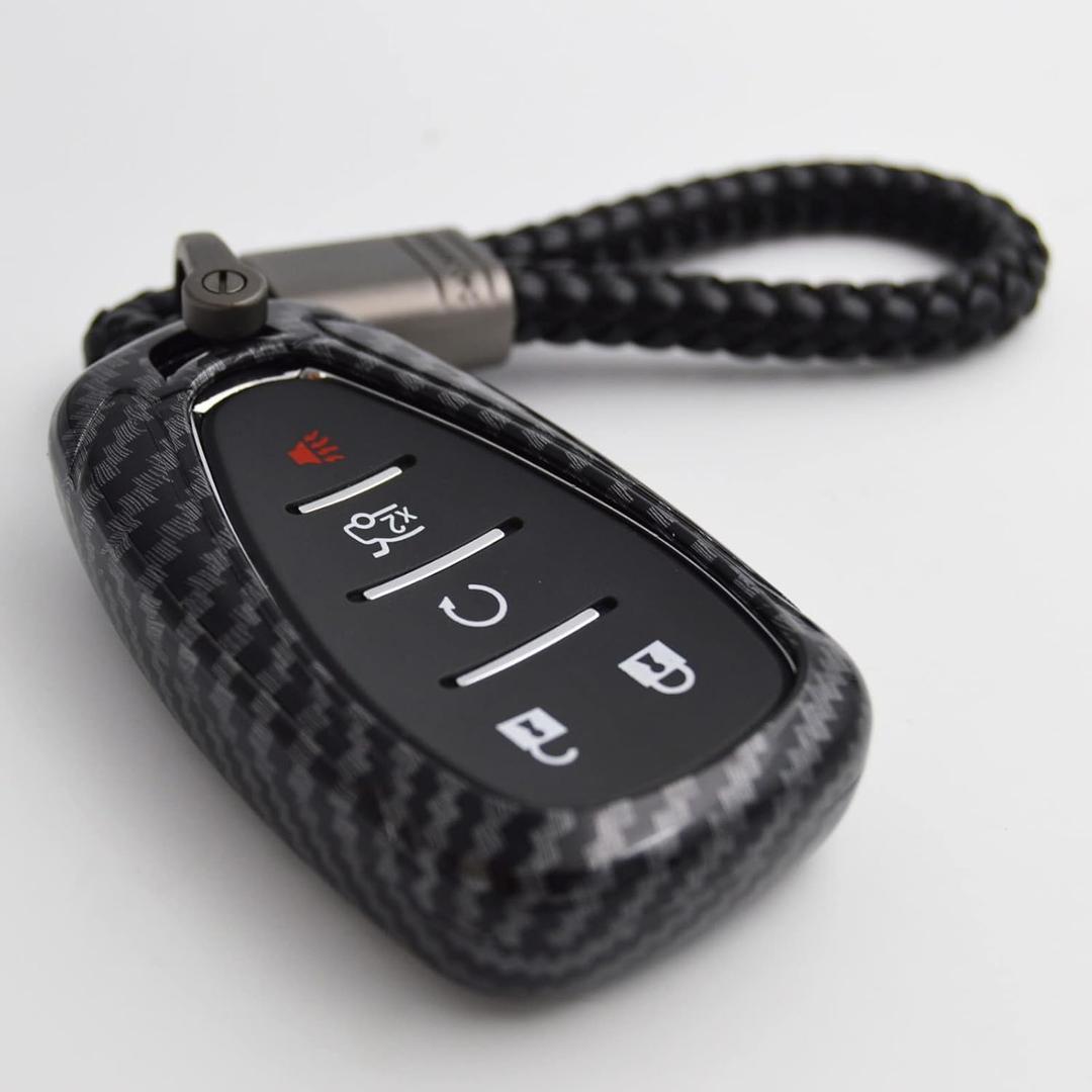 Key Fob Cover + Keychain for Chevrolet Chevy Malibu Camaro Trax Traverse Sonic Cruze Volt Equinox Trailblazer (carbon with keychain)
