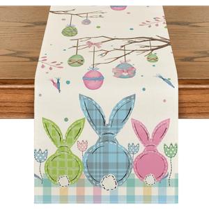 Artoid Mode Buffalo Plaid Bunny Egg Carrot Easter Table Runner, Seasonal Spring Kitchen Dining Table Decoration for Home Party Decor 13x72 Inch (Blue/Pink/Green)
