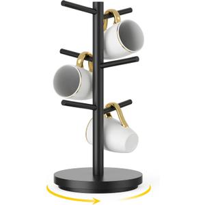 Wisuce Coffee Mug Holder Tree Upgraded 360Rotated Cup Holder for Counter Black Wood Cup Tree Mug Rack Organizer Stand with 6 Hooks for Kitchen Coffee Bar Accessories