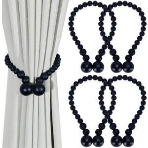 KLOGTSIND Magnetic Curtain Tiebacks, Curtain Tie Backs for Curtains 4 Pack, Wood Bead Curtain Tiebacks, Curtain Holders for Boho Bedroom Decor, Baby Nursery Decor, Farmhouse Decor