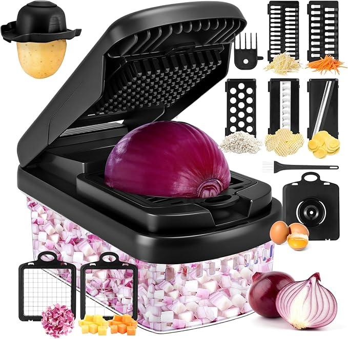 Vegetable Chopper,12-in-1 Multifunctional Food Chopper,Professional Onion Chopper with 7 Blades,Vegetable Cutter with Container for Salad,Potato,Carrot,and Garlic; Essential Kitchen Tool (White)