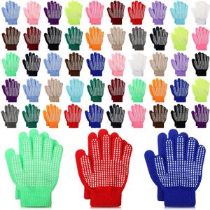 50 Pairs Kids Winter Gloves Kid Knit Magic Stretch Gloves with Grips Anti Skid Warm Glove Bulk for Kids Children Boys Girls, Assorted Colors, 6-12 Years
