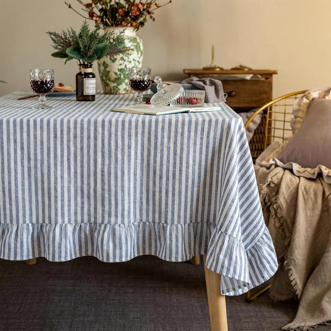 Boao Cotton 52 x 70 Inch Farmhouse Ruffle Tablecloth Blue White Striped Flounces Trim Table Cover for Rectangle Table Kitchen Party Wedding Decor, Blue White