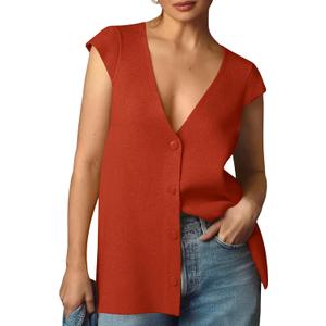Saodimallsu Womens Deep V Neck Sweater Vest Sleeveless Knit Button Up Loose Fit Cap Sleeve Trendy Summer Tops (Red, S)