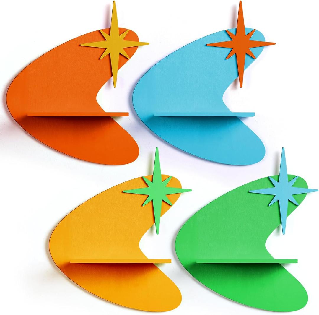 4 Pcs Mid Century Wall Decor Wooden Retro Celestial Star Shaped Burst Wall Art Mount Shelves for Aesthetic Hanging Storage Sign Decoration for Room Bedroom Party(Star-Shaped Burst)