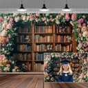 10X8FT Bookshelf Flower Photography Backdrop Vintage Bookcase Magic Books Ancient Library Wall Background Flower Girl Kids Birthday Party Decorations Kindergarten Graduation Banner Photo Booth Props
