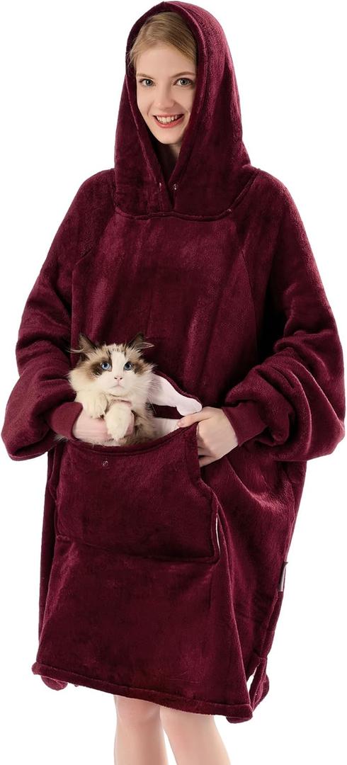 Krifey Wearable Blanket Hoodie, Oversized Sherpa Hooded as Birthday Gifts for Mom Women Girlfriend Men, Cozy Sweatshirt with Giant Pocket (Burgundy)