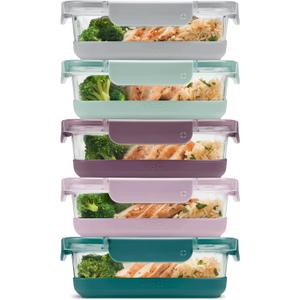 Ello Duraglass 3.4 Cup Meal Prep Sets 10Pc, 5 Pack Set- Glass Food Storage Container with Silicone Boot and Airtight BPA-Free Plastic Lids, Dishwasher, Microwave, and Freezer Safe, Garden Goals