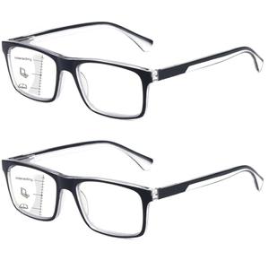 Missfive 2-Pack Light Multifocus Progressive Reading Glasses Men, Blue Light Blocking Multifocal Spring Hinge Trifocal Readers No-Line Stylish Black Eyeglasses for Near Range 2.0x