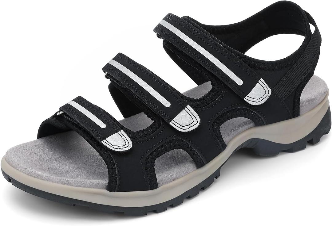 UBFEN Womens Hiking Walking Sandals - Arch Support Open Toe Adjustable Strap Sandals Comfortable Sport Outdoor Shoes (8, Black)