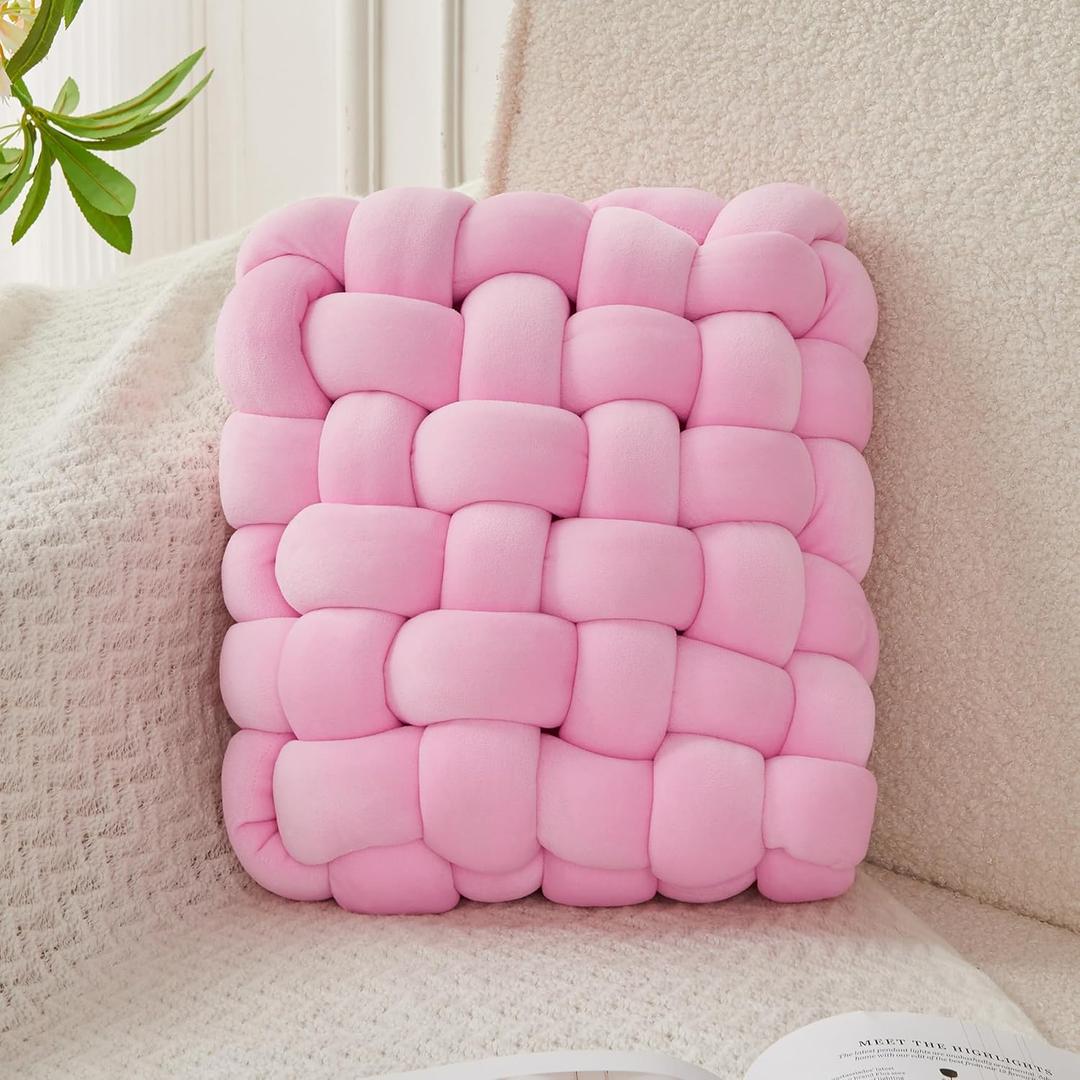 JELLYMONI Pink Square Knot Throw Pillow, Large Size Home Decorative Pillows, Decorative Ins Throw Pillows, Soft Velvet Knotted Decor for Bedroom, Living Room and Couch (L- 15"15"4", Pink)