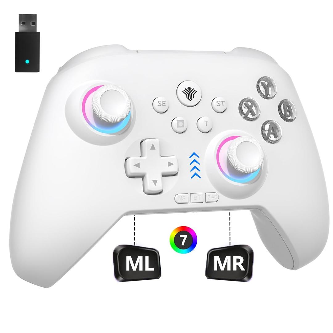 2.4G Wireless PC Controller with RGB Lighting/Programming Keys/Hall Joysticks/Hall Triggers/Vibrations,Three-Mode Switch Controller,Plug and Play Work for Windows PC, Android, Switch, Steam,TV (White)