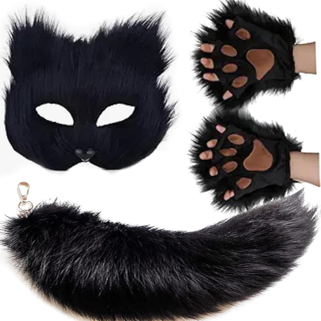 YXCFEWD Cat Mask Therian Tail with Paws Furry Halloween Therian Gear Stuff Wolf Fox Costume for Cosplay Over 1 years Old (Pure Black)
