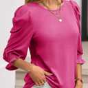 Tankaneo Womens 3/4 Length Sleeve Tops Dressy Casual Blouse Puff Sleeve Cute Trendy T Shirts with Smocked Cuffs (Pink, L)