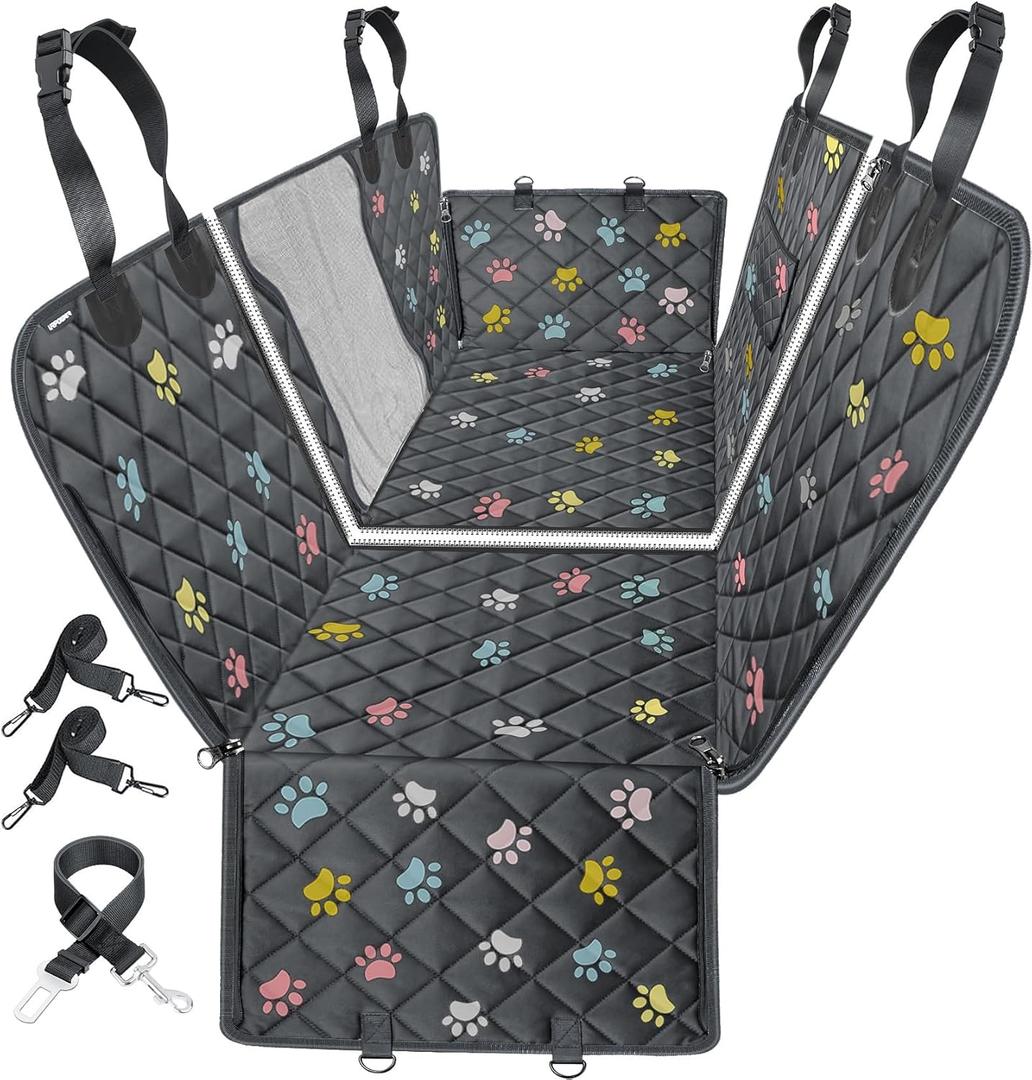 URPOWER 6-in-1 Dog Car Seat Cover for Back Seat, Waterproof Dog Car Hammock with Mesh Window & Side Flap, Pet Backseat Protector for Cars, SUVs, Trucks (Standard (54" W x 58" L ), Colorful Paw Prints)