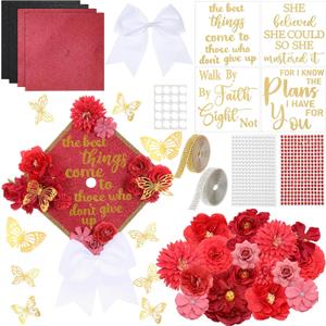 Gersoniel 42 Pcs DIY Graduation Cap Decorations Kit Include Faux Flower Heads Graduation Quote Glitter Sticker Bow 3D Butterfly Rhinestone Pearl Stickers for Grad Cap Topper Decor(Red)