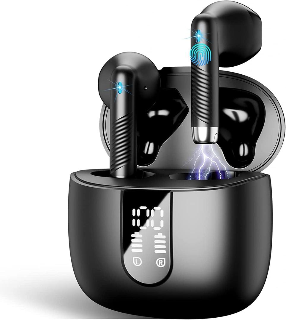 Wireless Earbud Bluetooth 5.3 Headphones 40H Playtime Earphones with HD Dou-Mic, Sports Bluetooth Headphone with Digital LCD Display, IP7 Waterproof Headphones Noise Cancelling Earbud Touch Control (Grey)