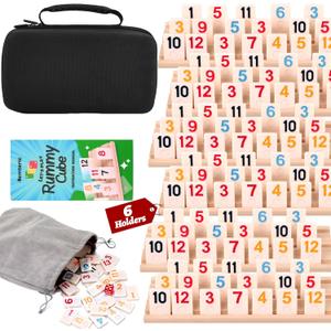 Rummy Cube Game 6 Players with Portable Travel Case, 162 Melamine Rummy Tiles & 6 Wooden Holders, Classic Family Strategy Board Game for Adults Kids