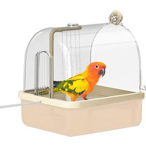 Bird Bath for Cage, Automatic Parakeet Bath with Pump, Indoor Bird Shower with Running Water, Filter, Bird Cage Accessory for Pet Birds, Lovebirds, Finches, Cockatiel (Light Brown)