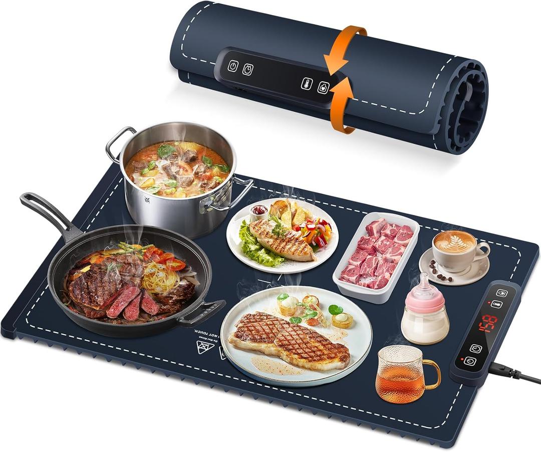 Warming Mat for Food, 6 Temp Adjustable Silicone Electric Warming Tray, Full Surface Heating Food Warmer, Timer & Safety Lock, Auto Shut-Off for Buffets Party (Blue)