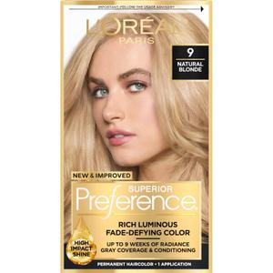 L'Oreal Paris Superior Preference Luminous Fade-Defying Permanent Hair Color, Hair Dye For Up to 9 Weeks of Radiance, Natural Blonde 9, 1 Hair Dye Kit