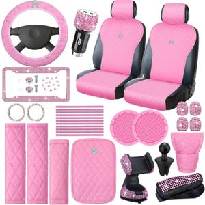 Pink Car Accessories Set Front Car Seat Covers Set Steering Wheel Center Console Handbrake Seat Belt Cover Bling Car Phone Glasses Holder Adapter Car License Frames for Women, 33 Pcs