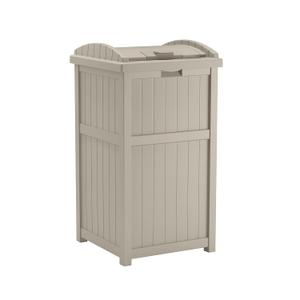 Suncast Hideaway Outdoor Trash Can with Lid - 30 Gallon Trash Can, Light Taupe, Decorative Wicker-Style Garbage Bin, Weather-Resistant Resin Fits 30-33 Gallon Bags, Ideal for Patio & Yard, Made in USA