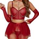 Avidlove Sexy Lingerie Sets Chain Linked Lingerie Set with Underwire Bond Corset Skirt Lingerie & Arm Sleeves & Thong (A Wine Red)