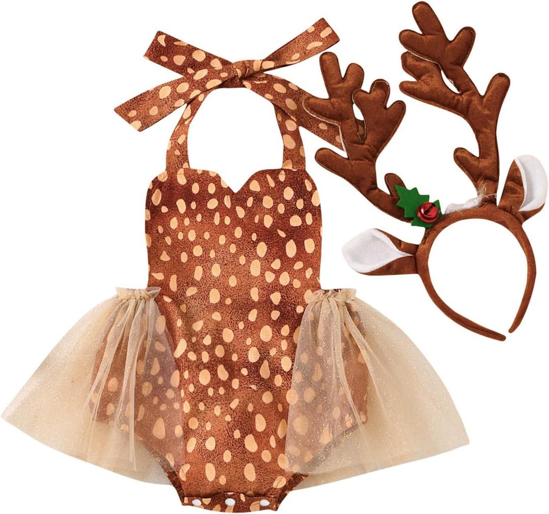 Baby Girls Christmas Deer Costume Romper Tutu Dress with Antlers Headband Newborn Xmas Reindeer Cosplay Outfit Set (0-3 Months, Brown)