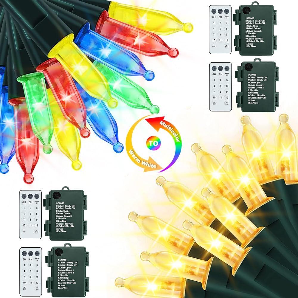 Battery Christmas Lights with Remote, 4 Pack 17ft 50 LED Dual Color Changing Mini String Light with 3 Auto-Timer Options and 12 Lighting Modes Waterproof Tree Lights (Warm White & Multicolor )