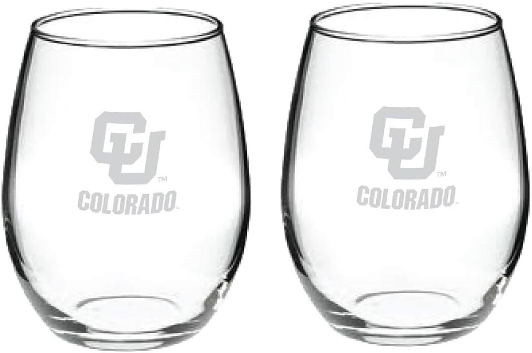 Colorado Buffaloes Etched Satin Frost Logo Stemless Wine and Beverage Glasses 15 oz Set of 2 Heavy-Duty Clear Glasses Official Team Drinkware Made in USA