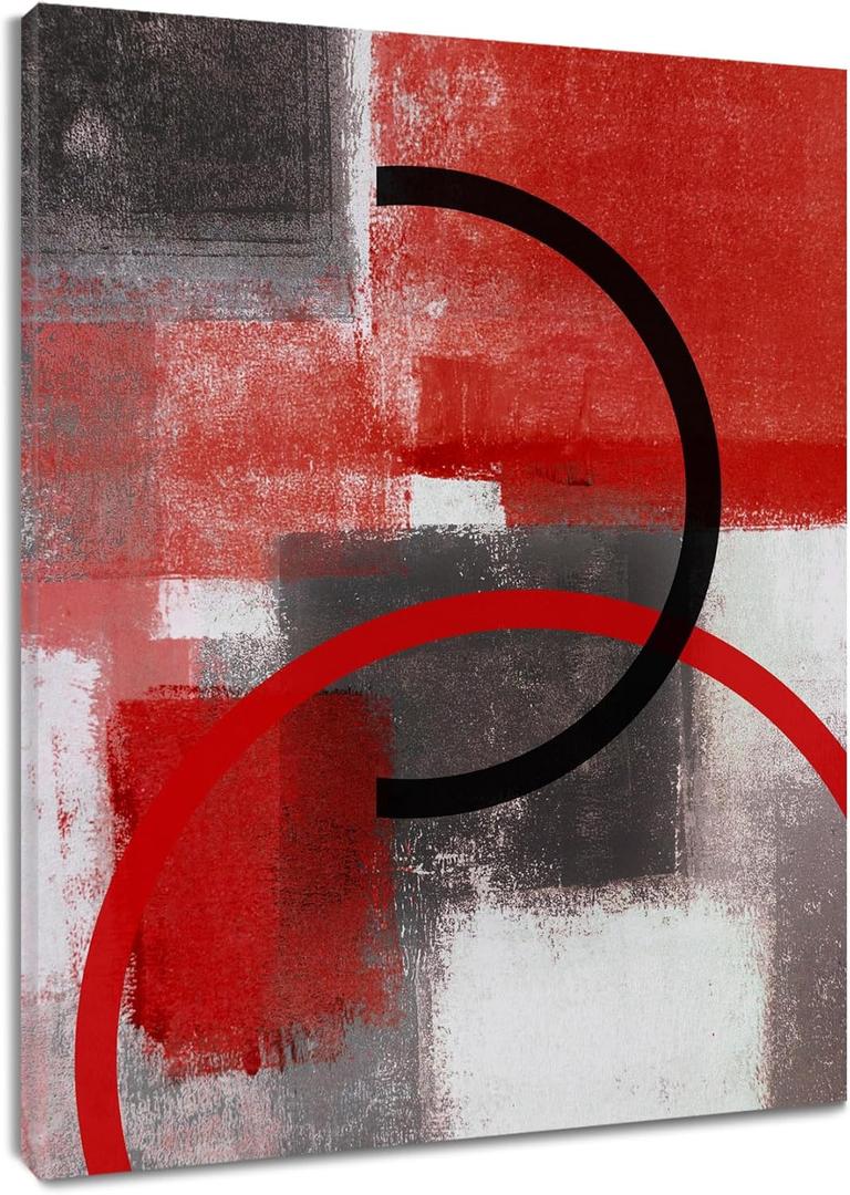 LB Red Geometric Wall Art for Bathroom Modern Black and White Minimalist Canvas Wall Art Wall Paintings Home Decor Gray Wall Pictures for Living Room Bedroom Office Ready To Hang,12x16 Inch (16L" x 12W")
