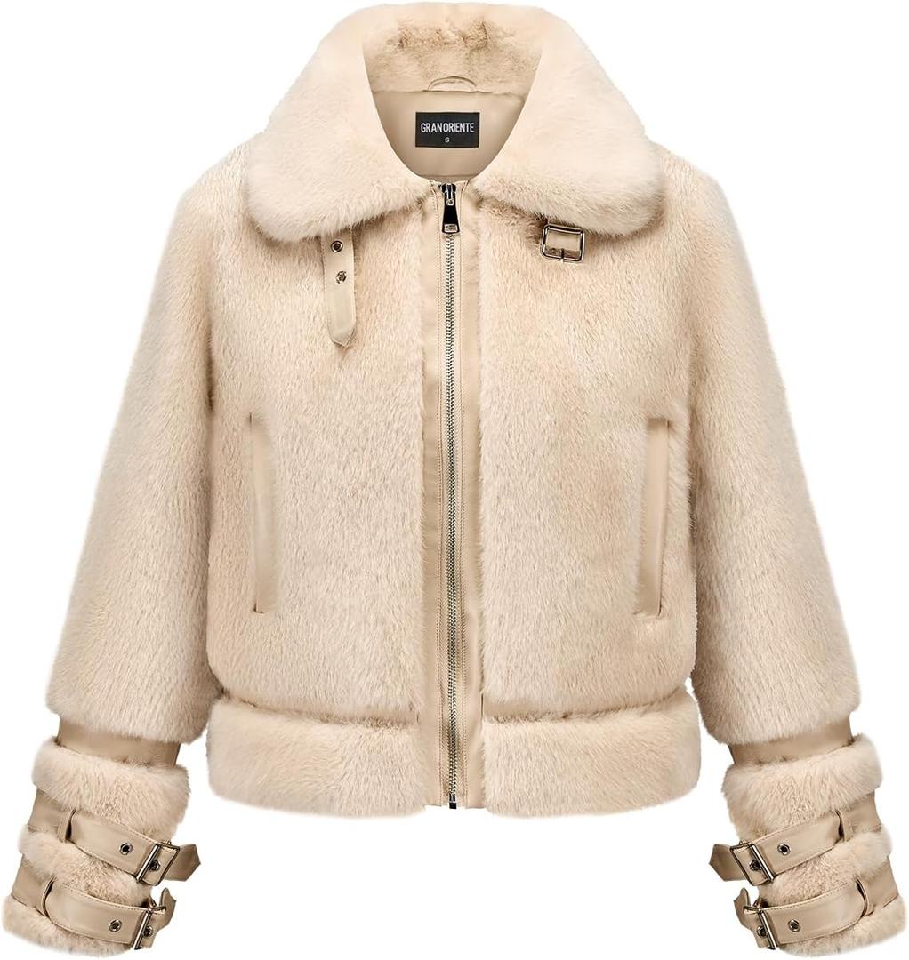 GRAN ORIENTE Womens Belted Winter Faux Fur Coats, Cropped Fuzzy Cuff Furry Zipper Up Warm Jackets Outwear (Beige, L)