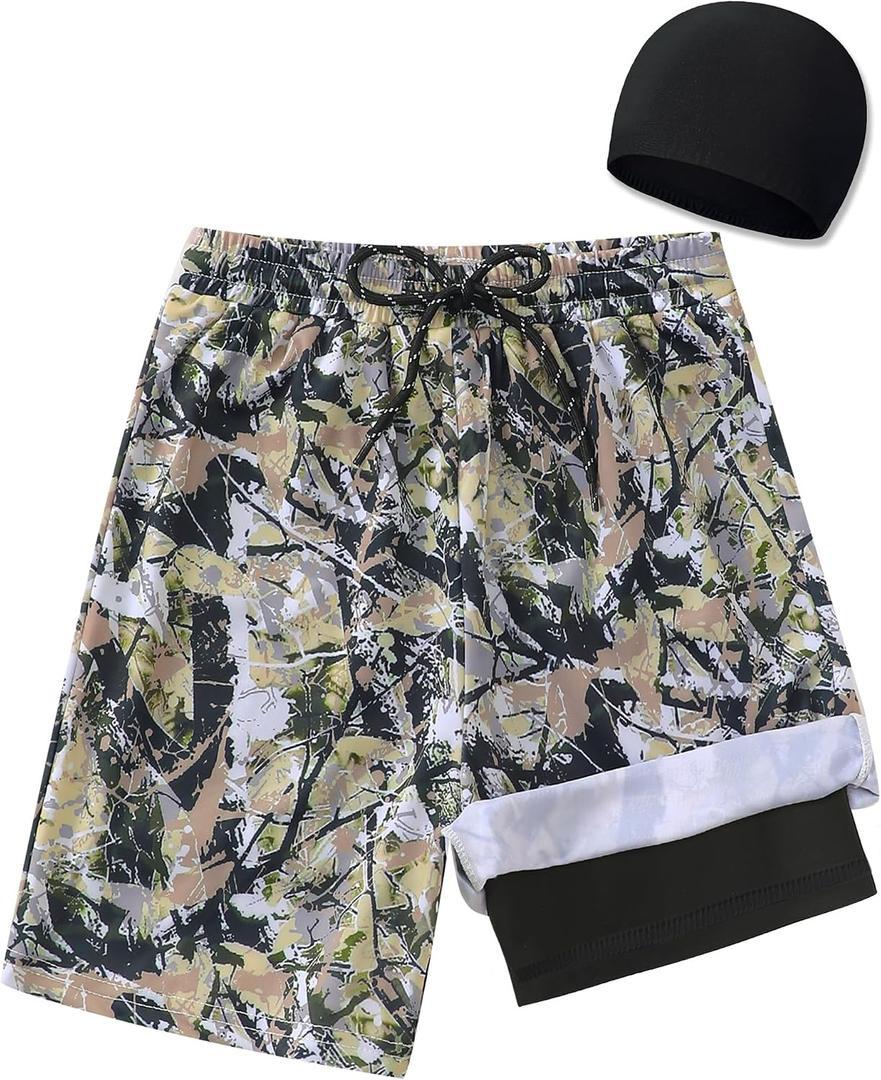 Boys Swim Trunks 2-16 Years Compression Liner Swimsuit Shorts fo Kids Quick-Dry Stretch Swimming Trunks (Includes Swim Cap)