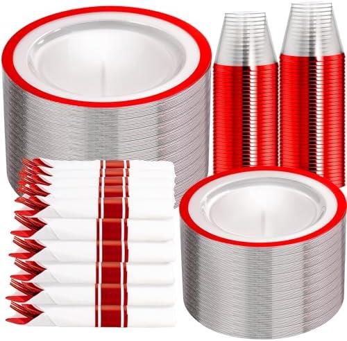 I00000 350 Pcs Clear and Red Plastic Plates,Clear Disposable Dinnerware Set, Include 50 Dinner Plates, 50 Dessert Plates,50 Red Rim Cups,50 Per Rolled Napkins with Plastic Cutlery for Wedding Party