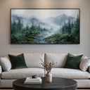 Framed Mountain Misty Forest Landscape Wall Art for Living Room, 60x30 Inch, 28.5"L x 57"W