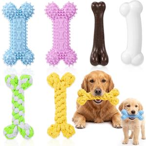 Leitee 6 Pcs Dog Chew Toys Rope Rubber Bone Teeth Cleaning Puppy Set
