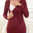 Love2Mi Maternity Shirts Long Sleeve Wrap Tie Front Side Ruched Maternity Tee Top Pregnancy Clothes Wine Red (XL)