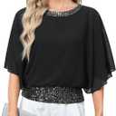 For G and PL Women's Dressy Sequin Formal Wedding Top Batwing Sleeve Chiffon Party Shirt (Black, XL)