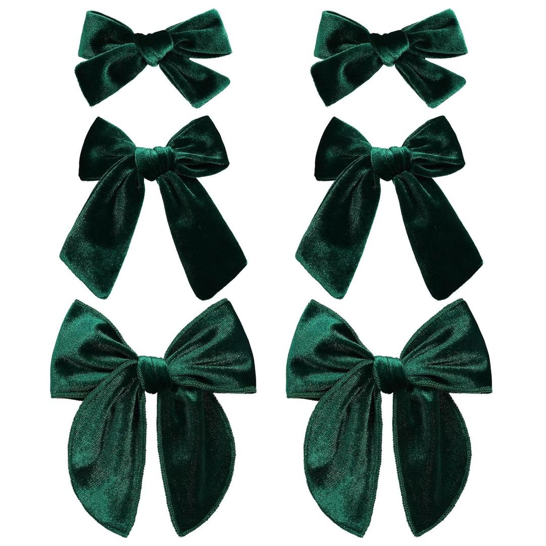 Christmas Dark Green Velvet Fable Hair Bows for Girls 3 Sizes Long and Basic 5"& 3.5"&4" Ponytail Knot Bows Alligator Clips, Toddler Teens Women Velvet Hair Accessories Xmas Gift