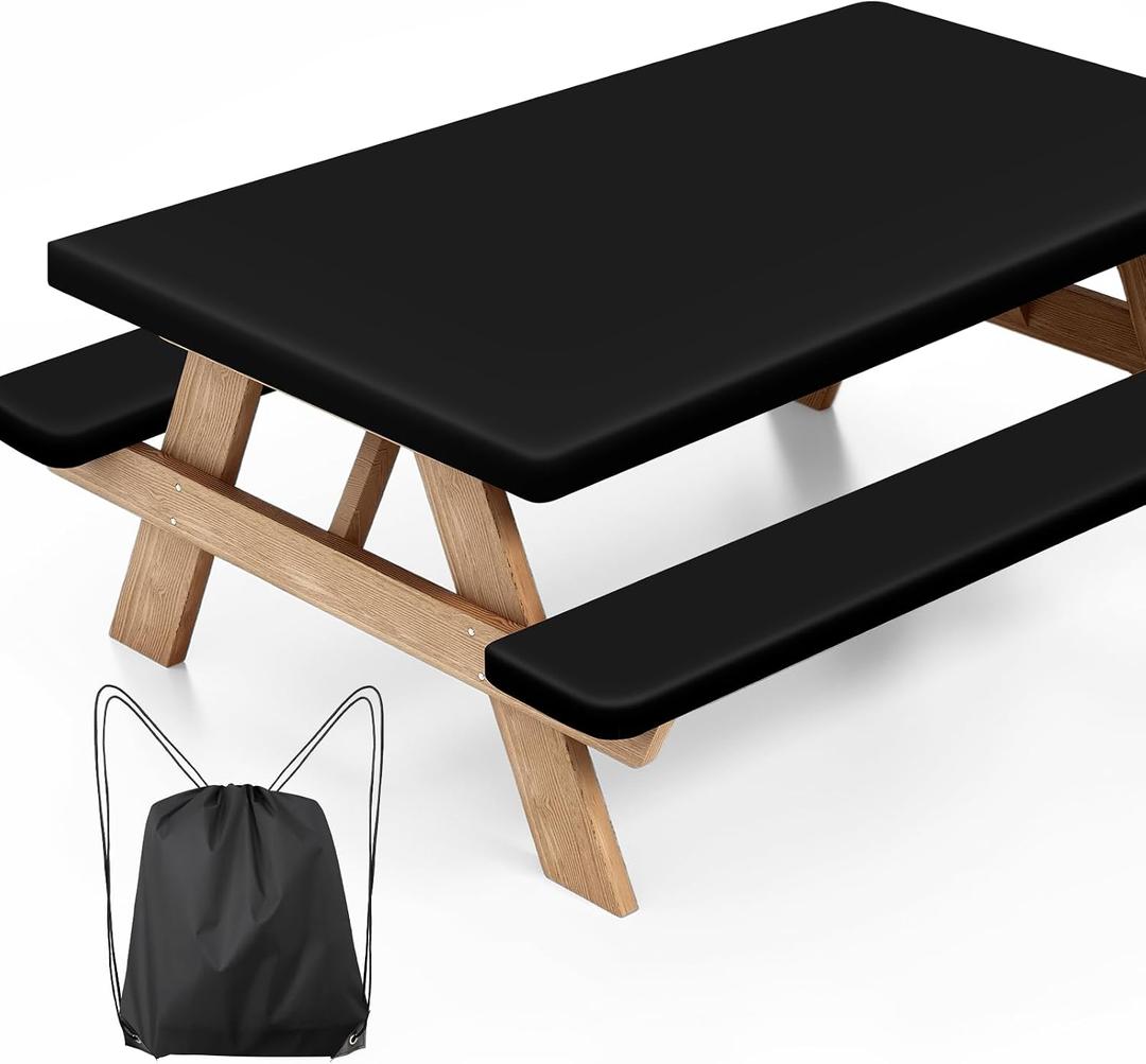 Picnic Table Cover with Bench Covers, Fitted 6ft Waterproof Tablecloth Set for Outdoor Camping & RV - Includes 1 Table Cover & 2 Bench Covers with Drawstring Storage Bag, 30"x72", Solid Black