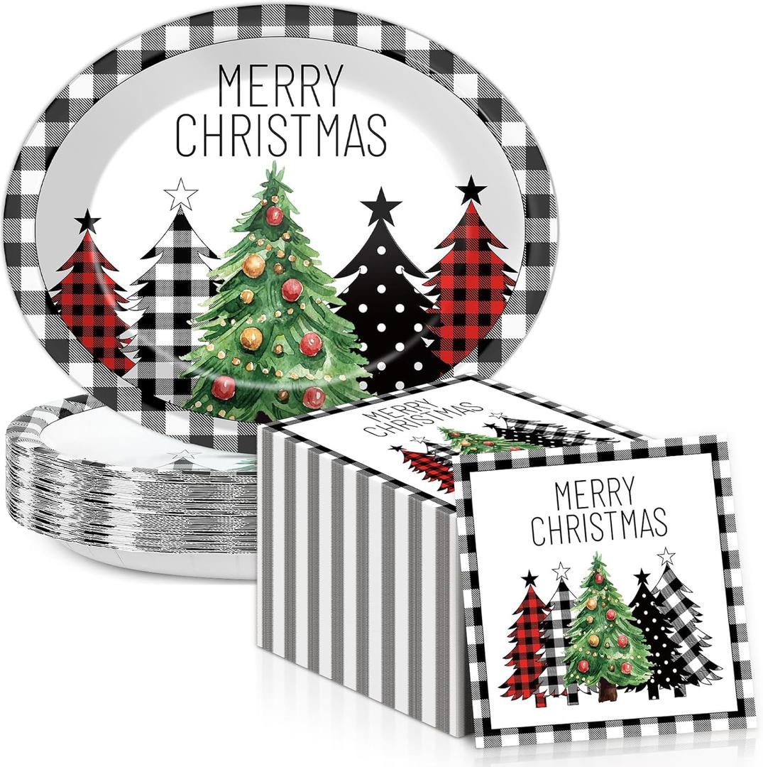 50Pcs Christmas Paper Oval Plates 11inch Black Buffalo Plaid Christmas Tree Plates and Napkins for Xmas Party Decoration Disposable Xmas Dish Tray Serve 25 for Holiday Winter Party Supplies